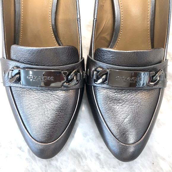 Coach Metallic Gunmetal Leather Platform Pump with Silver Coach Logo Buckle - Picture 2 of 11
